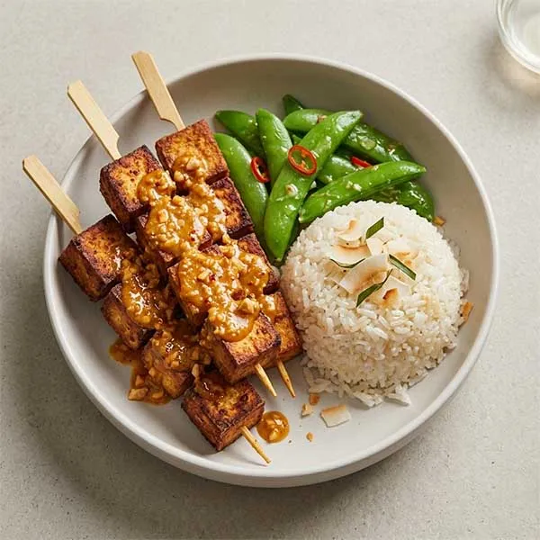Crispy Tofu Satay Skewers with Coconut Jasmine Rice & Snap Peas